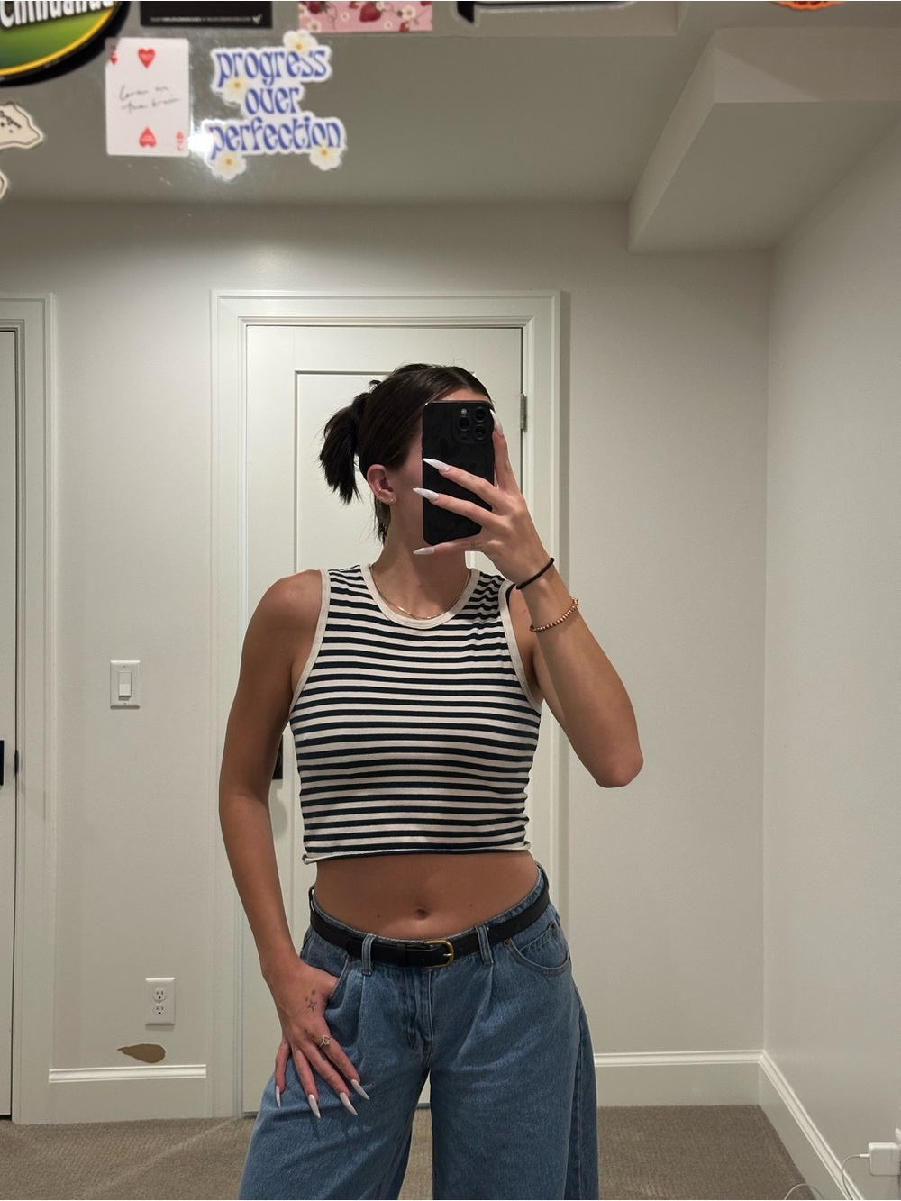 Brandy Melville Navy & Cream Striped Cropped Tank
